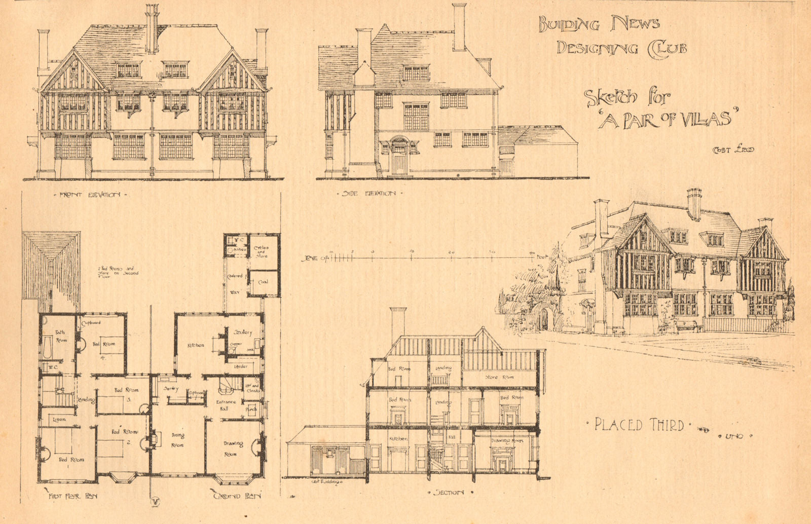 Sketch for ''a pair of villas''. elevation & plan 1902 old antique print